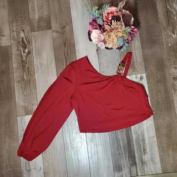 SHEIN Curve Red and Gold Crop Top Blouse Size 0XL Chain Detail NWOT - Picture 15 of 15